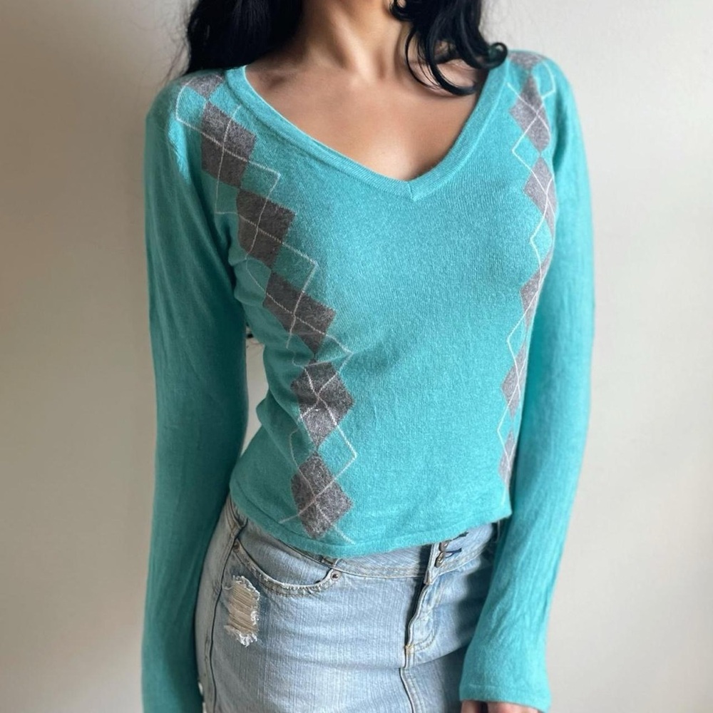 New York & Co V-Neck Argyle Angora Sweater